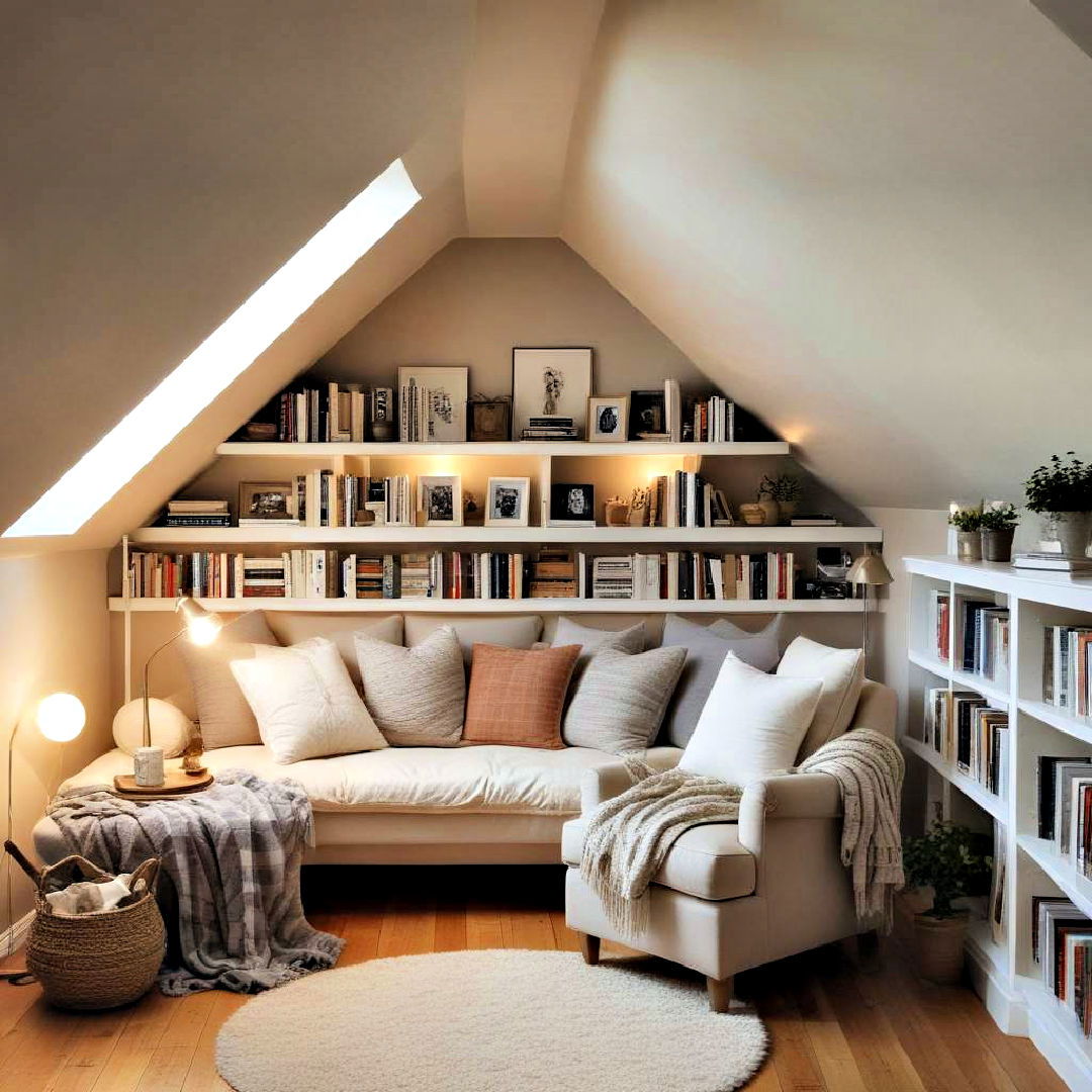 cozy reading nook in attic room - 30 Low Ceiling Small Attic Room Ideas