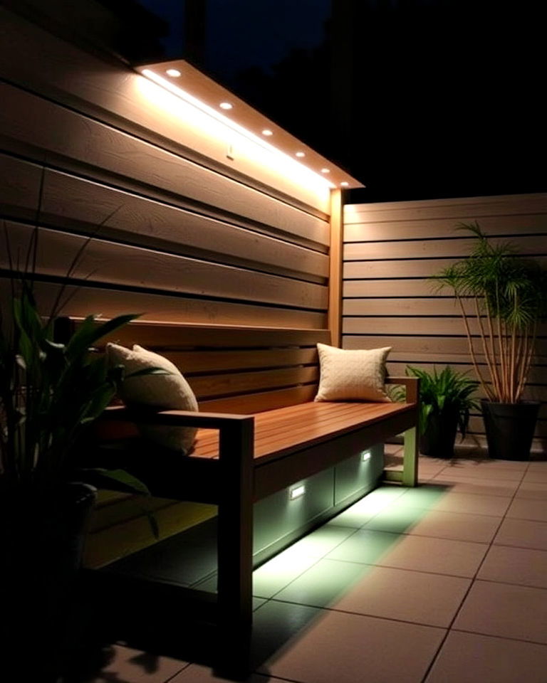 cozy seating area with underlit bench - 40 Garden Lighting Ideas