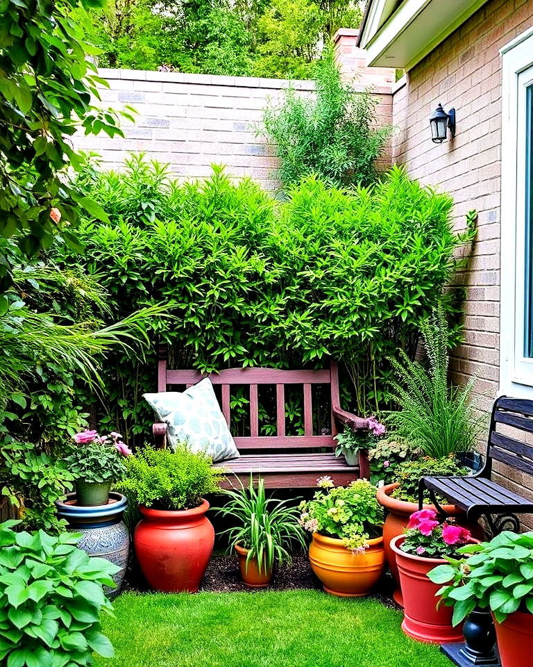 cozy seating nook with greenery - 30 Corner Landscaping Ideas