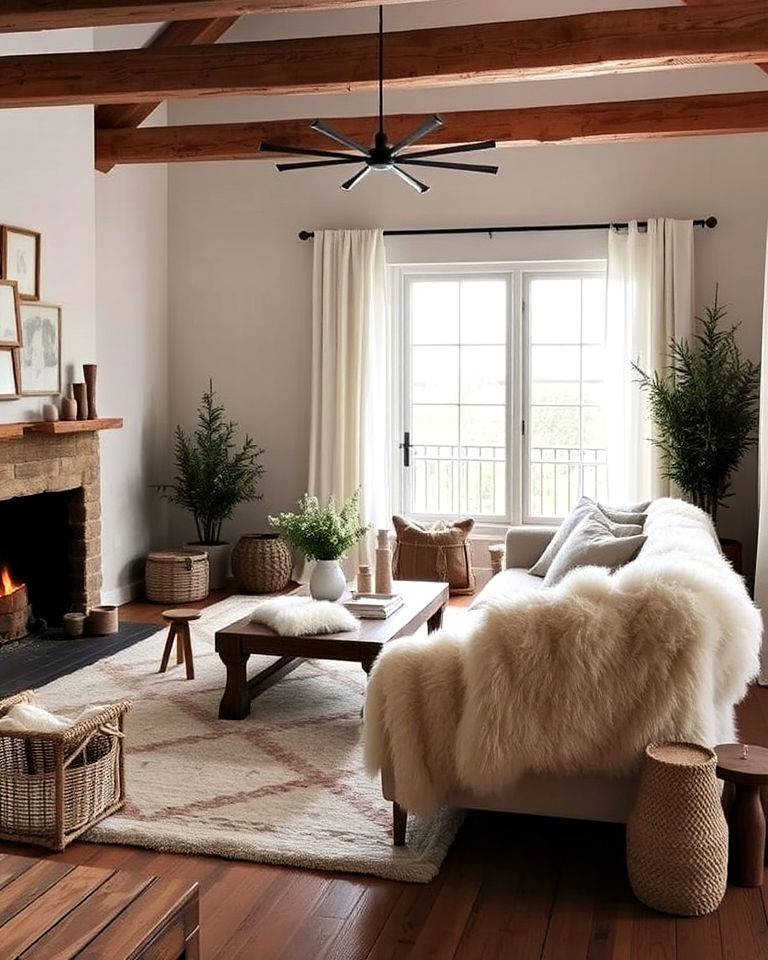 cozy sheepskin throws for scandinavian rustic living room - 30 Rustic Scandinavian Living Room Ideas