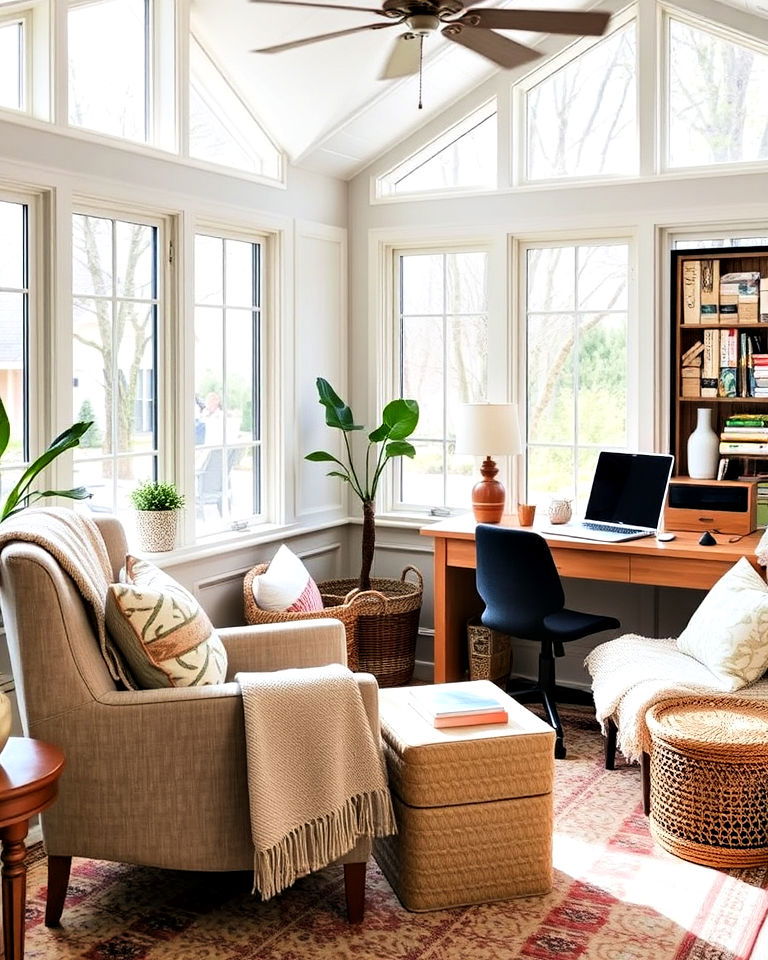 cozy sunroom office with lounge area - 20 Sunroom Office Ideas