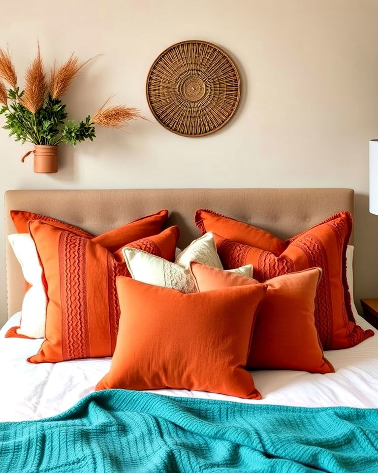 cozy terracotta throw pillows - 20 Terracotta Bedroom Ideas