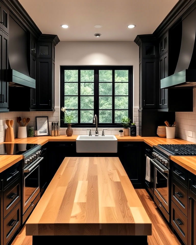 cozy vibe black cabinets with butcher block countertops - 25 Kitchen With Black Cabinets And Wood Countertops Ideas