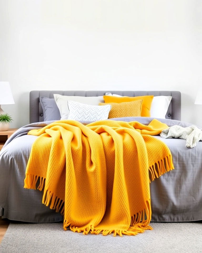 cozy vibe yellow throw blankets on grey bed - 25 Yellow and Grey Bedroom Ideas