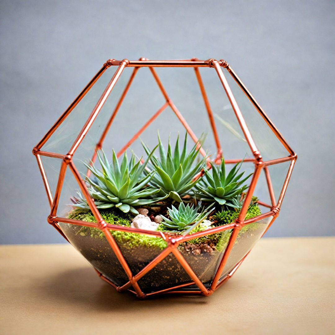 craft a geometric terrarium using copper pipes - 40 Terrarium Ideas