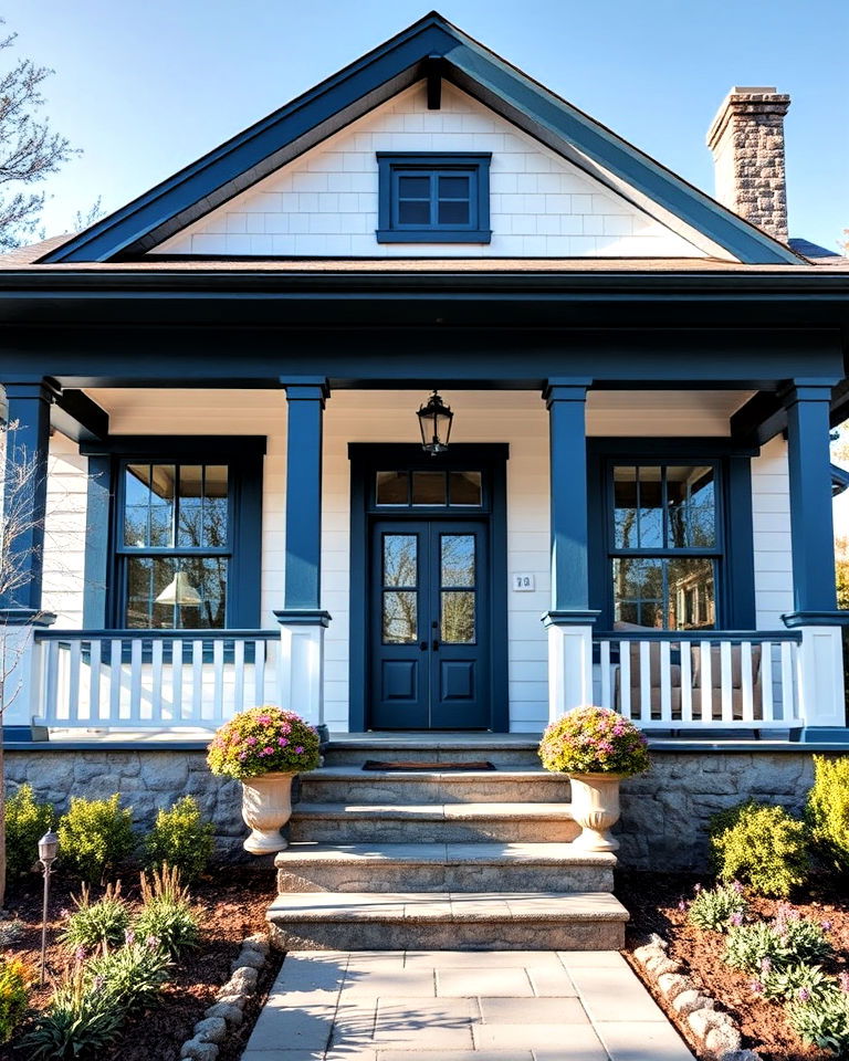 craftsman aesthetic with white base and deep blue accents - 20 White House With Blue Trim Design Ideas