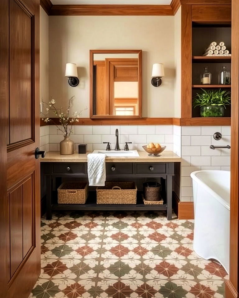 craftsman bathroom with patterned floor tiles - 30 Craftsman Bathroom Ideas