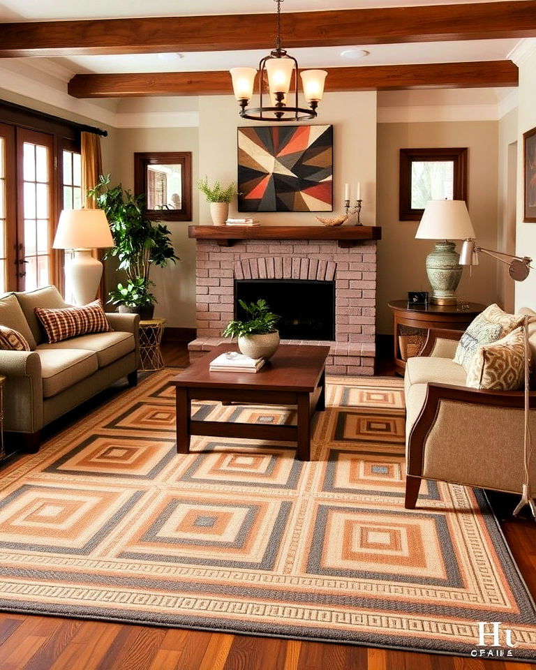 craftsman living room with geometric area rug - 30 Craftsman Living Room Ideas