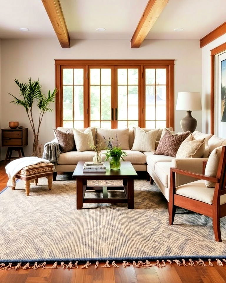 craftsman living room with handmade textiles and rug - 30 Craftsman Living Room Ideas