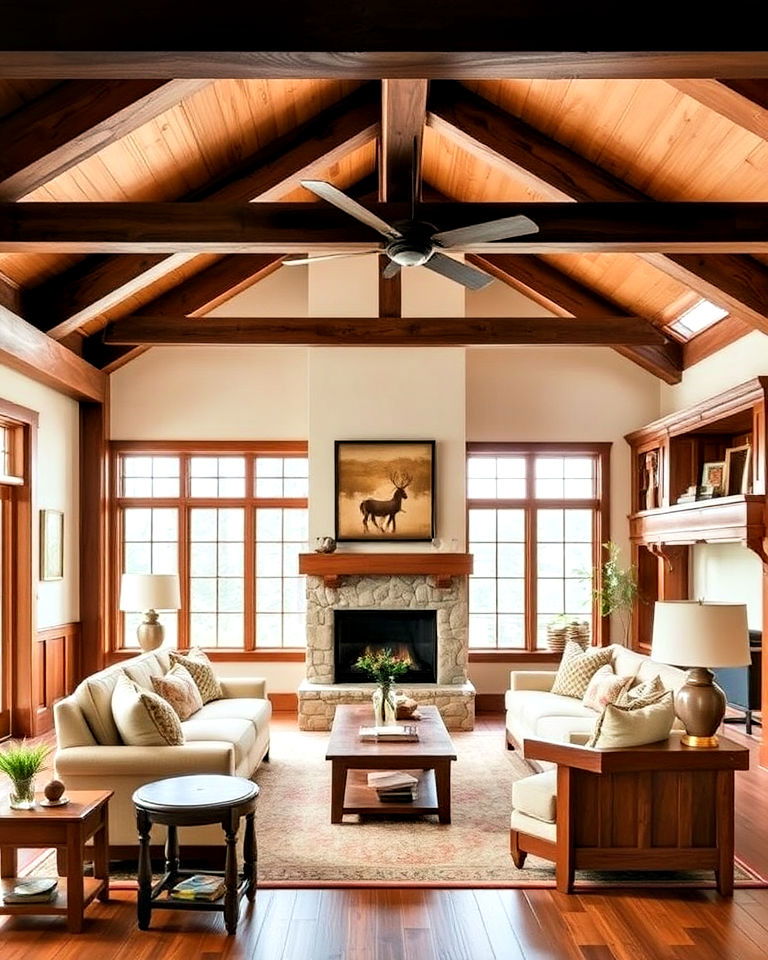 craftsman living room with rich wood elements - 30 Craftsman Living Room Ideas