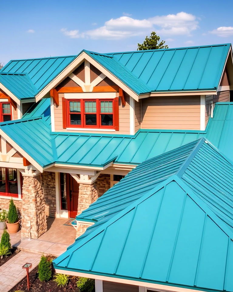 craftsman style home with teal blue metal roof - 25 Houses With Blue Metal Roofs