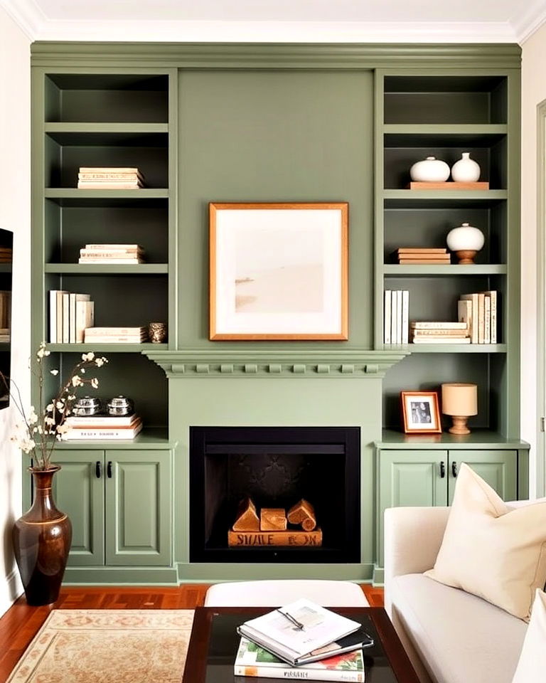 cream accents with sage green built in shelves - 25 Sage Green and Cream Living Room Ideas