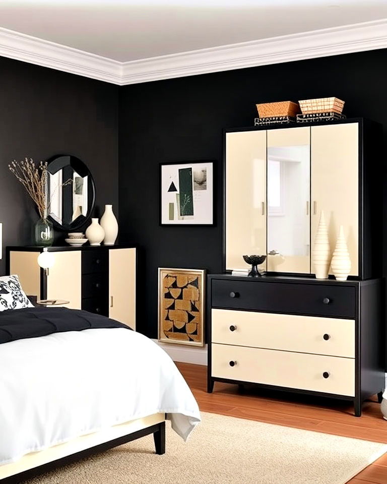 cream and black bedroom with two tone furniture - 35 Cream and Black Bedroom Ideas