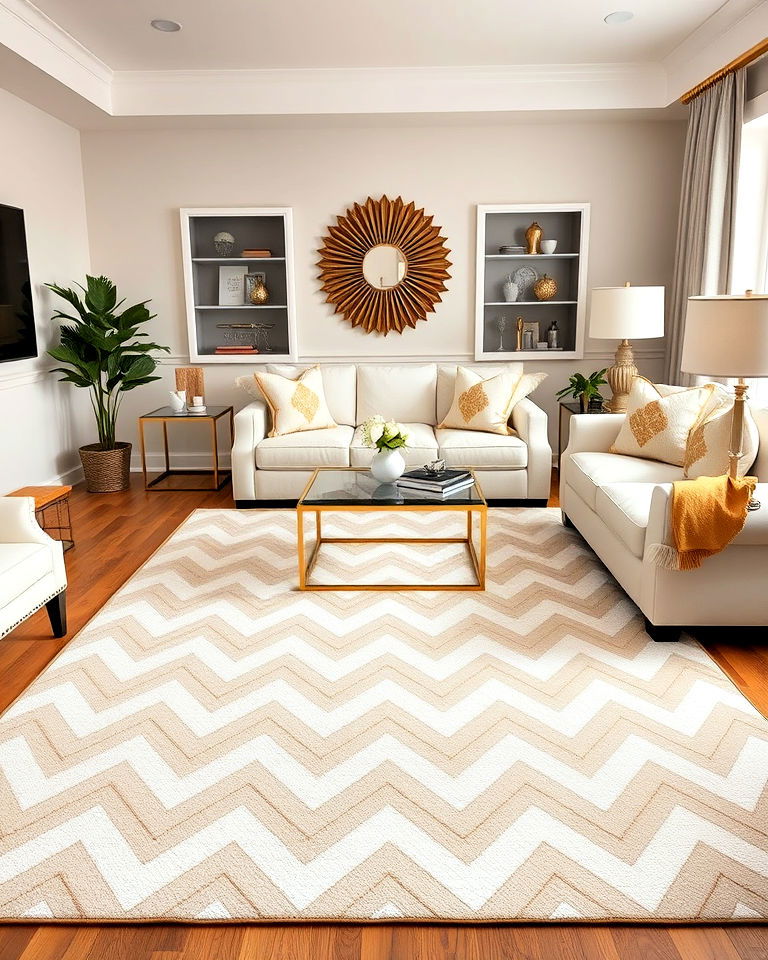 cream and gold chevron patterned rug for living room - 20 Cream and Gold Living Room Ideas