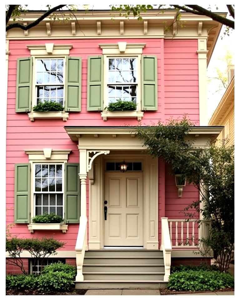 cream and sage green details on rose pink home - 25 Pink Victorian House Ideas