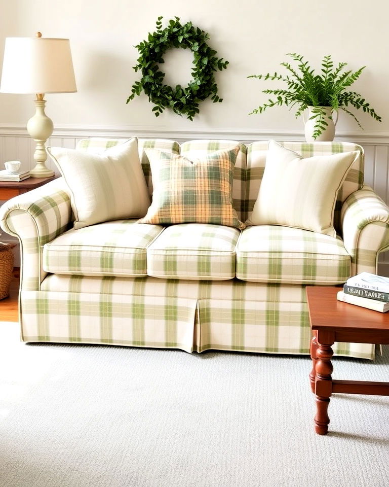 cream and sage green plaid sofa for living room - 25 Sage Green and Cream Living Room Ideas