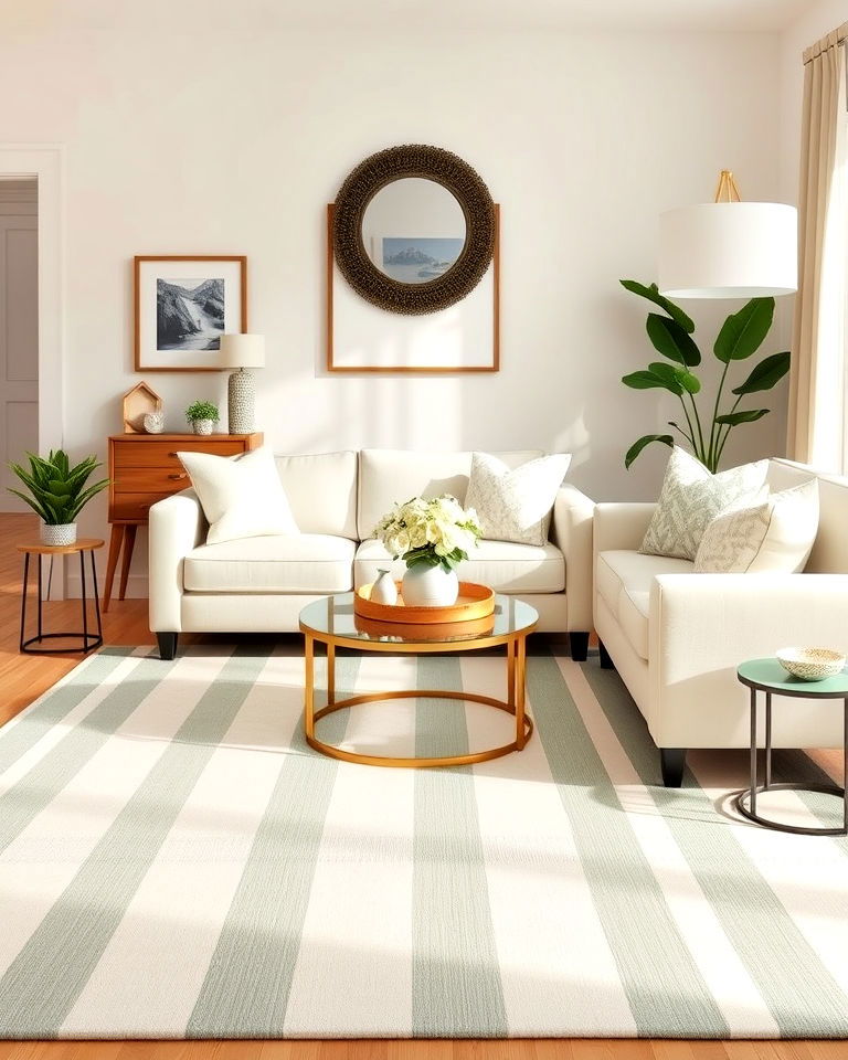 cream and sage green striped rug for living room - 25 Sage Green and Cream Living Room Ideas