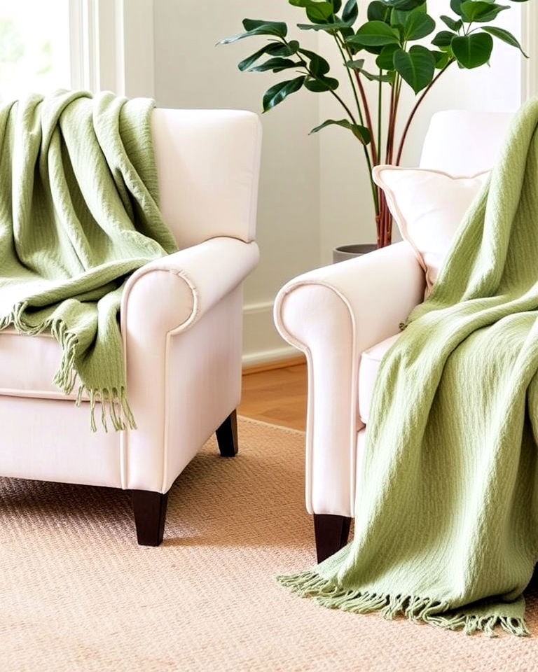 cream armchairs with sage green throw blankets - 25 Sage Green and Cream Living Room Ideas