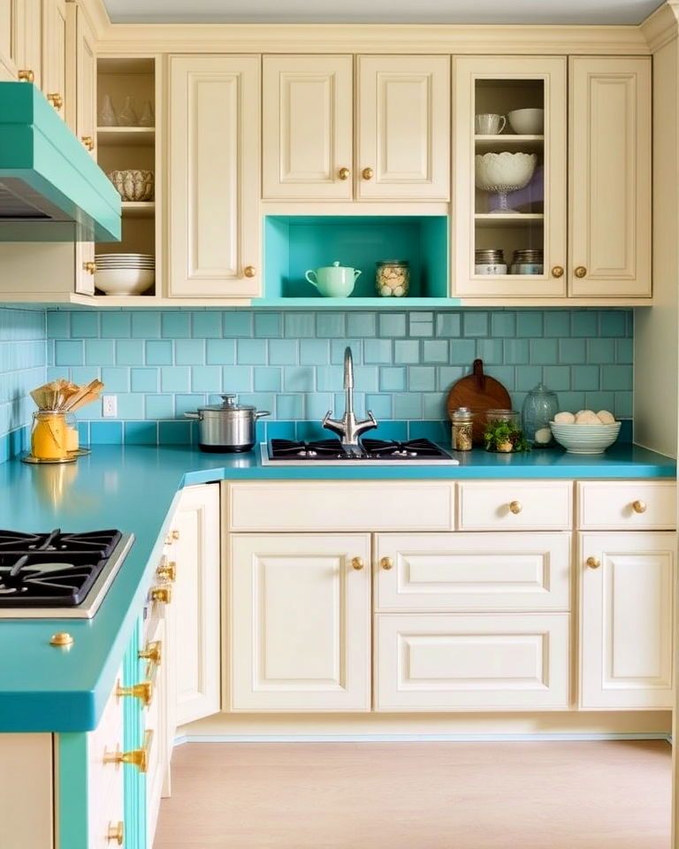 cream cabinets and turquoise countertops - 20 Kitchens With Blue Countertops