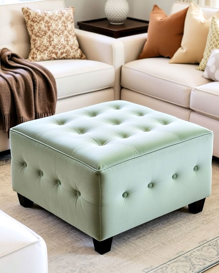 cream couch and sage green velvet ottoman - 25 Sage Green and Cream Living Room Ideas
