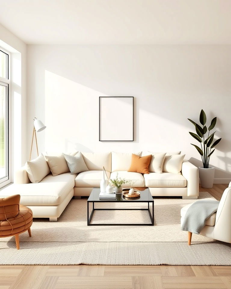 cream couch in a monochromatic living room - 20 Cream Couch Living Room Ideas