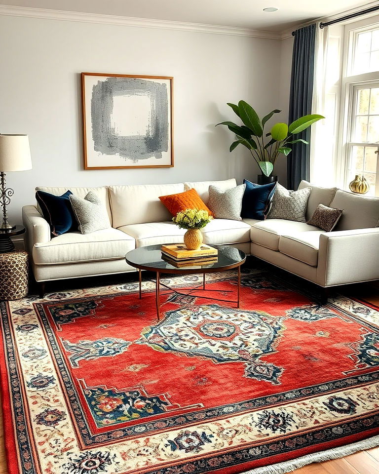 cream couch living room with a statement rug - 20 Cream Couch Living Room Ideas