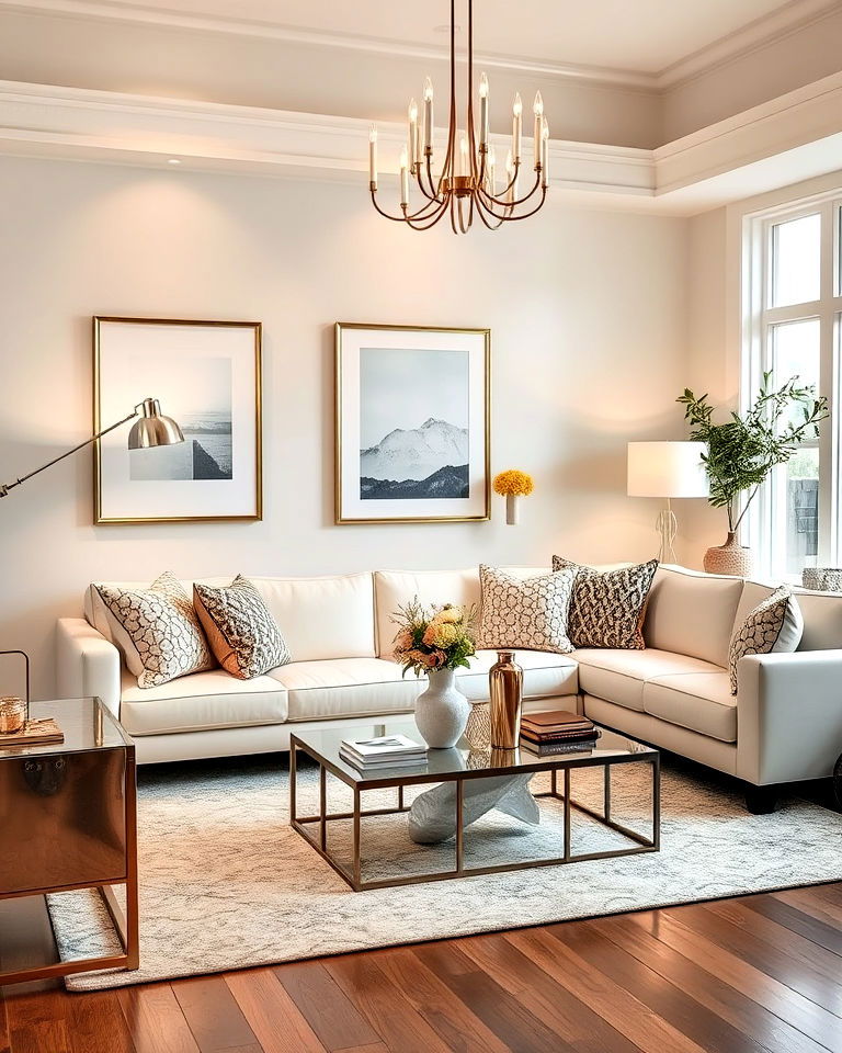 cream couch living room with metallic accents - 20 Cream Couch Living Room Ideas