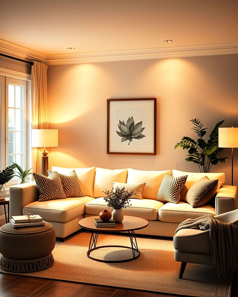cream couch with warm lighting - 20 Cream Couch Living Room Ideas