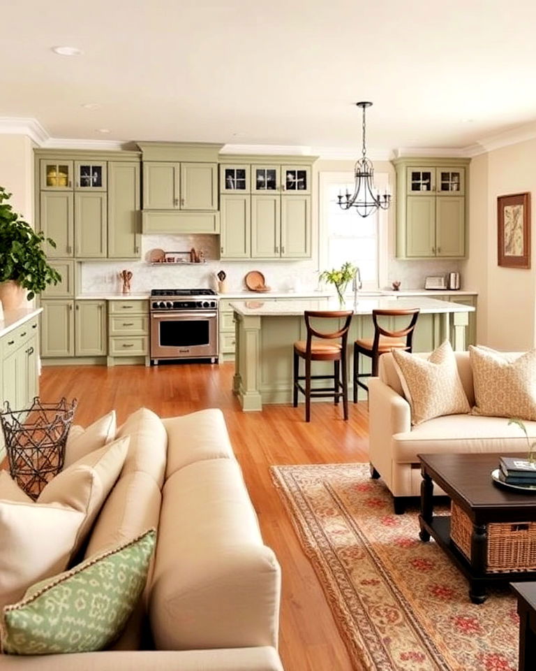cream countertops and sage green painted cabinets - 25 Sage Green and Cream Living Room Ideas
