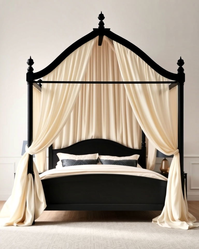 cream curtains and black canopy frame - 35 Cream and Black Bedroom Ideas