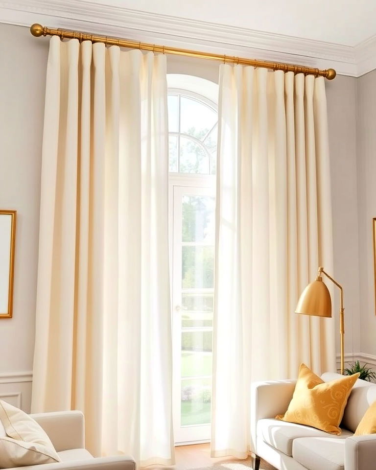 cream curtains and gold rods for living room - 20 Cream and Gold Living Room Ideas