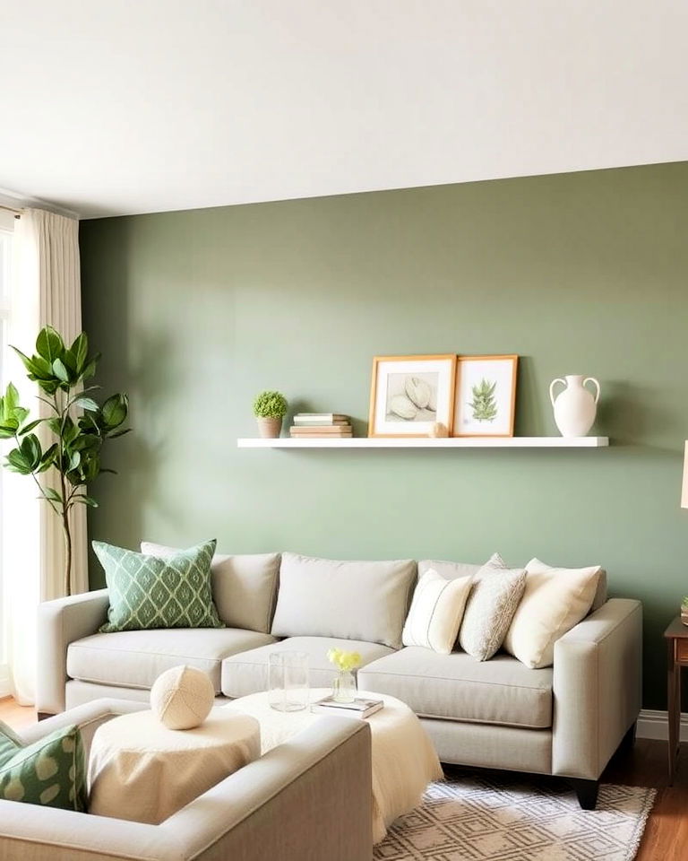 cream decor for sage green accent wall - 25 Sage Green and Cream Living Room Ideas