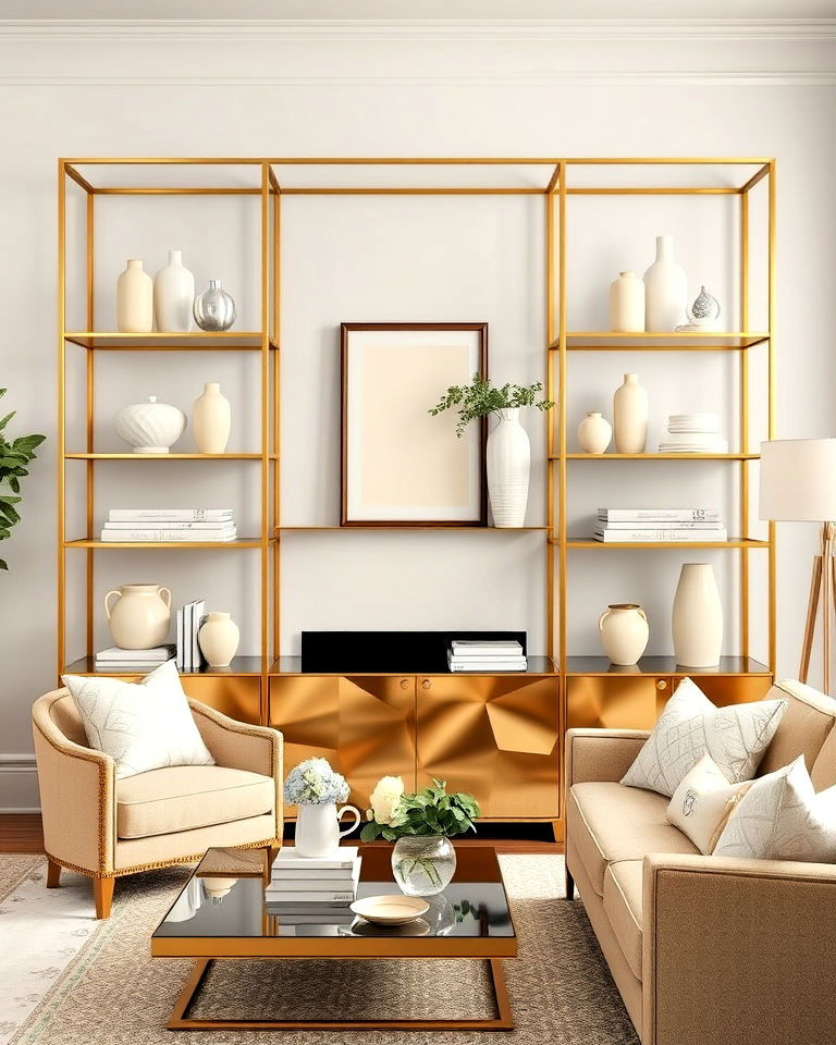 cream decor pieces with gold shelving - 20 Cream and Gold Living Room Ideas