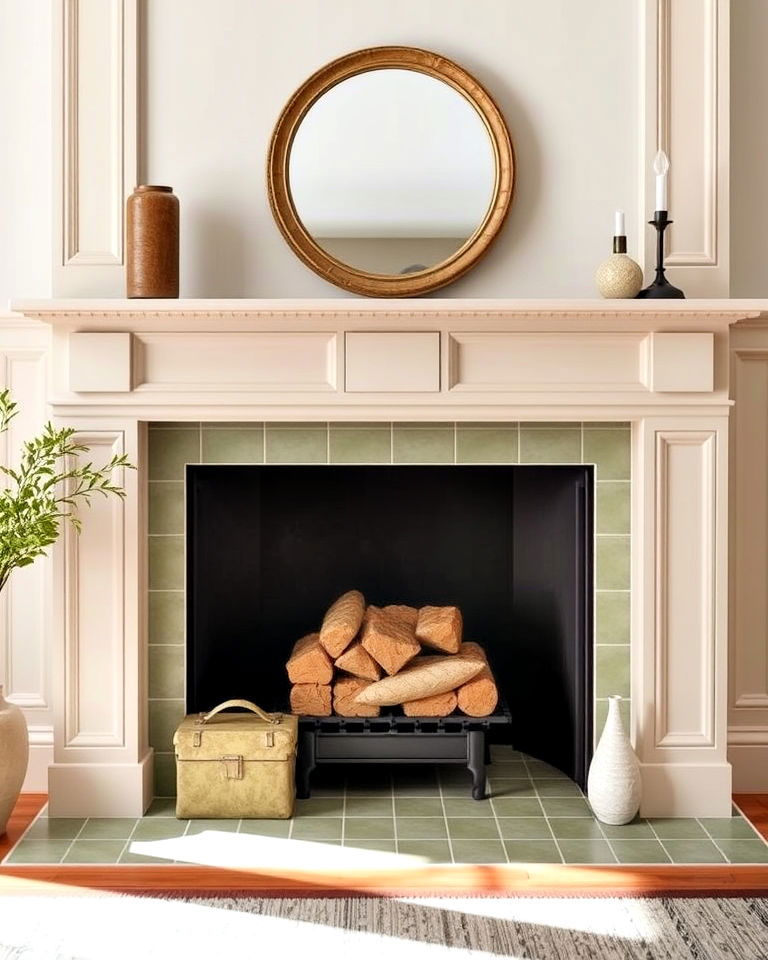 cream fireplace mantel with sage green tiles ideas - 25 Sage Green and Cream Living Room Ideas