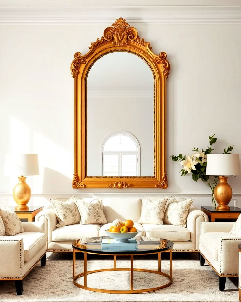 cream furniture with gold framed mirrors - 20 Cream and Gold Living Room Ideas