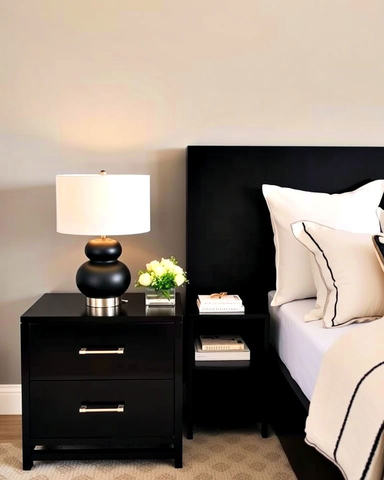 cream lamps and black nightstands - 35 Cream and Black Bedroom Ideas