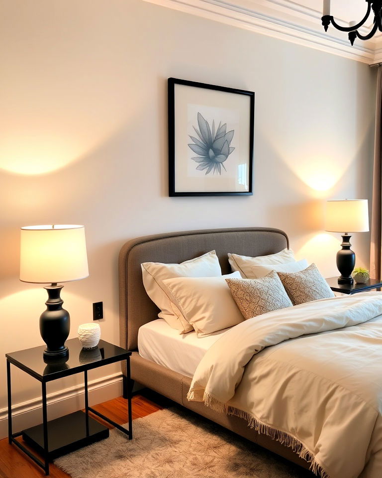 cream lighting fixture with black base - 35 Cream and Black Bedroom Ideas