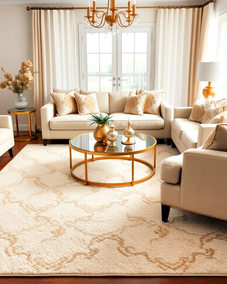 cream living room area rug with gold pattern - 20 Cream and Gold Living Room Ideas