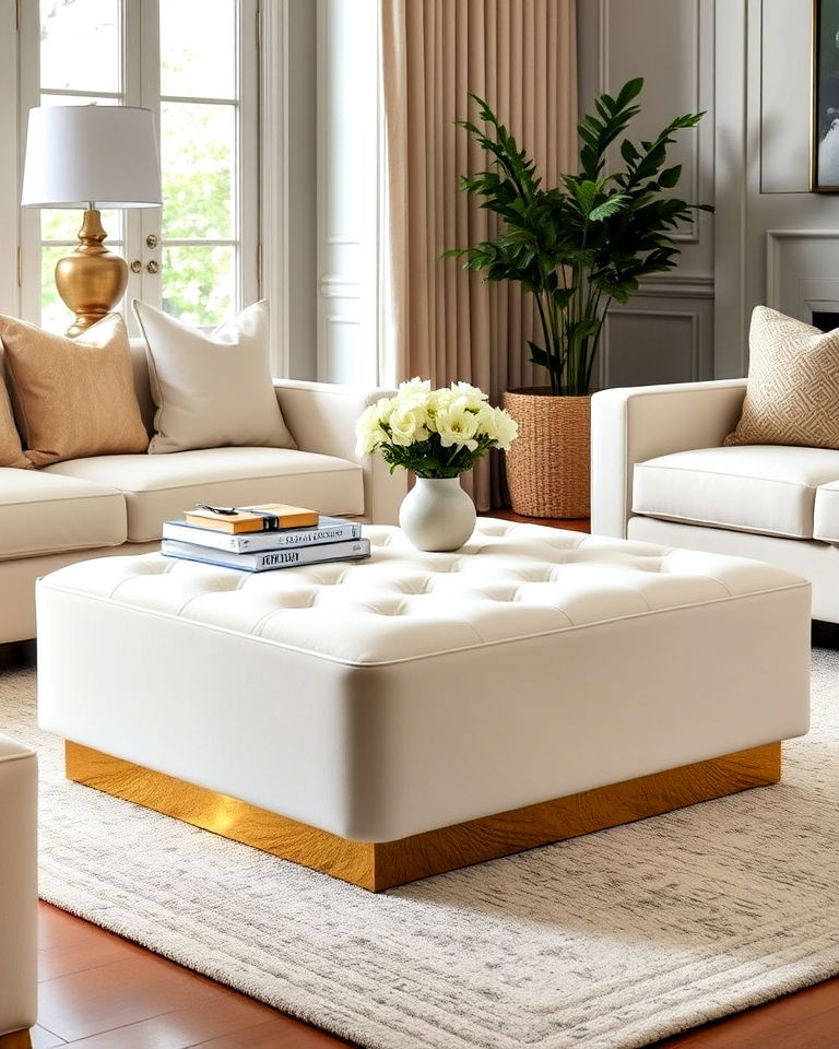 cream ottoman with gold base for living room - 20 Cream and Gold Living Room Ideas