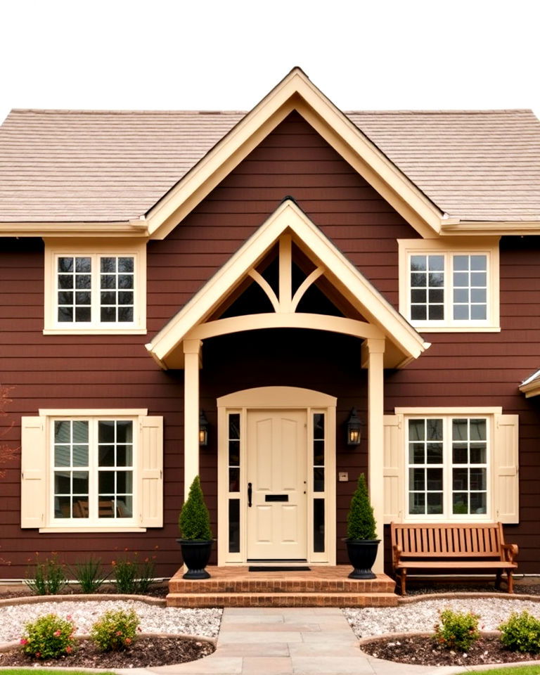 cream roofline with walnut brown home - 25 Dark Brown House Exterior Ideas