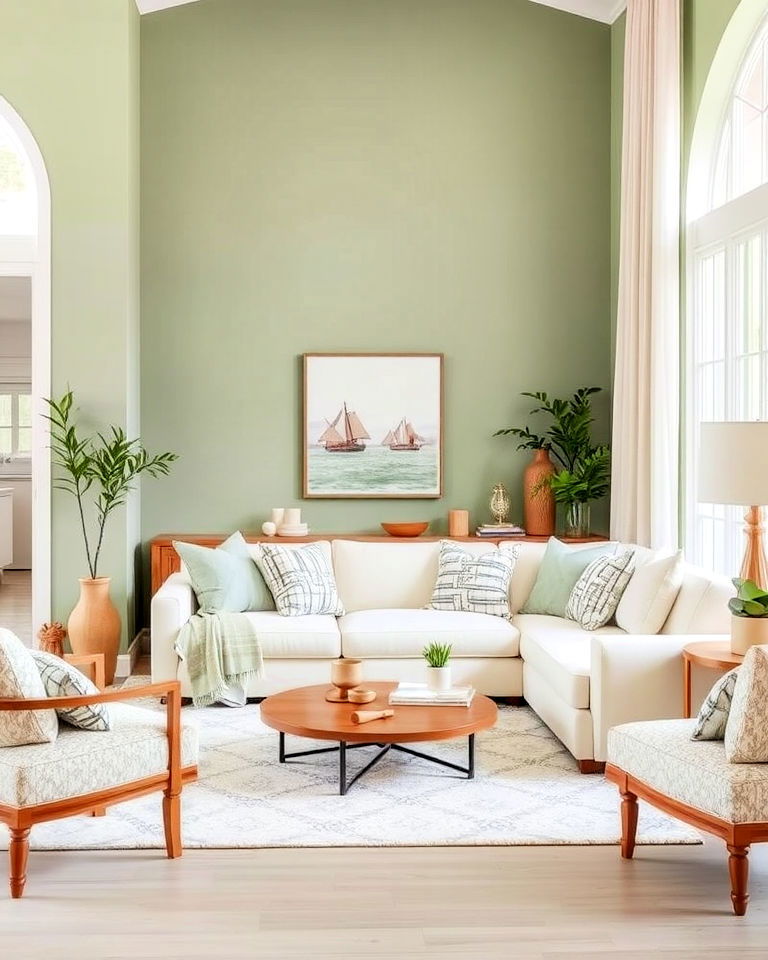 cream sofa and soft sage walls - 25 Sage Green and Cream Living Room Ideas