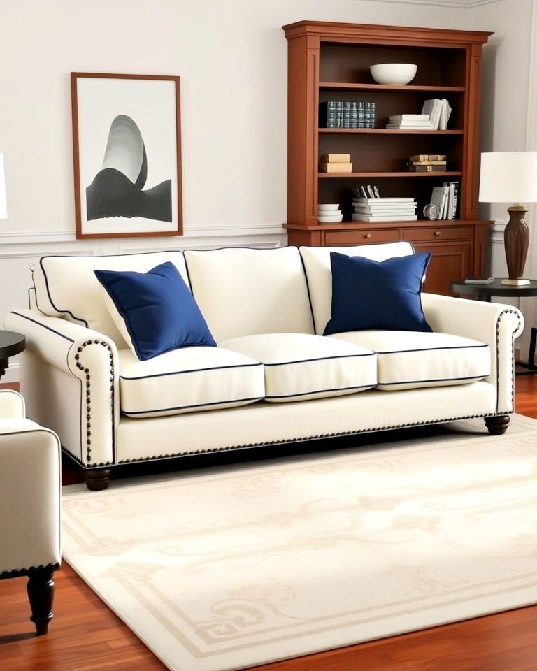cream sofa with navy trim design - 25 Navy and Cream Living Room Ideas