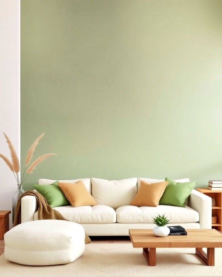 cream sofa with sage accent wall and wood elements - 25 Sage Green and Cream Living Room Ideas