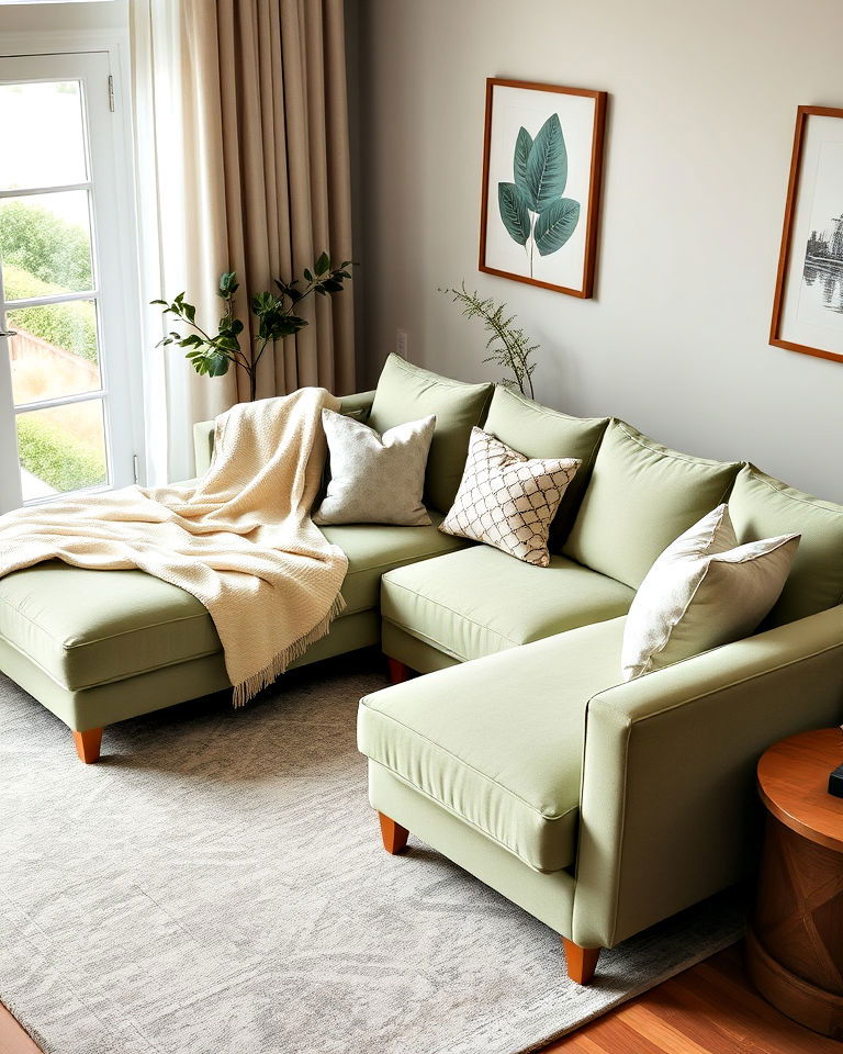 cream throw blanket and sage green sectional - 25 Sage Green and Cream Living Room Ideas