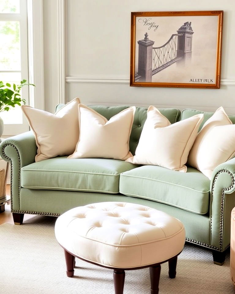 cream throw pillows and sage green sofa - 25 Sage Green and Cream Living Room Ideas