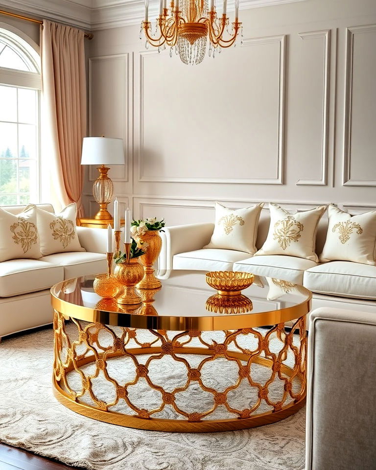 cream upholstery and gold coffee table - 20 Cream and Gold Living Room Ideas