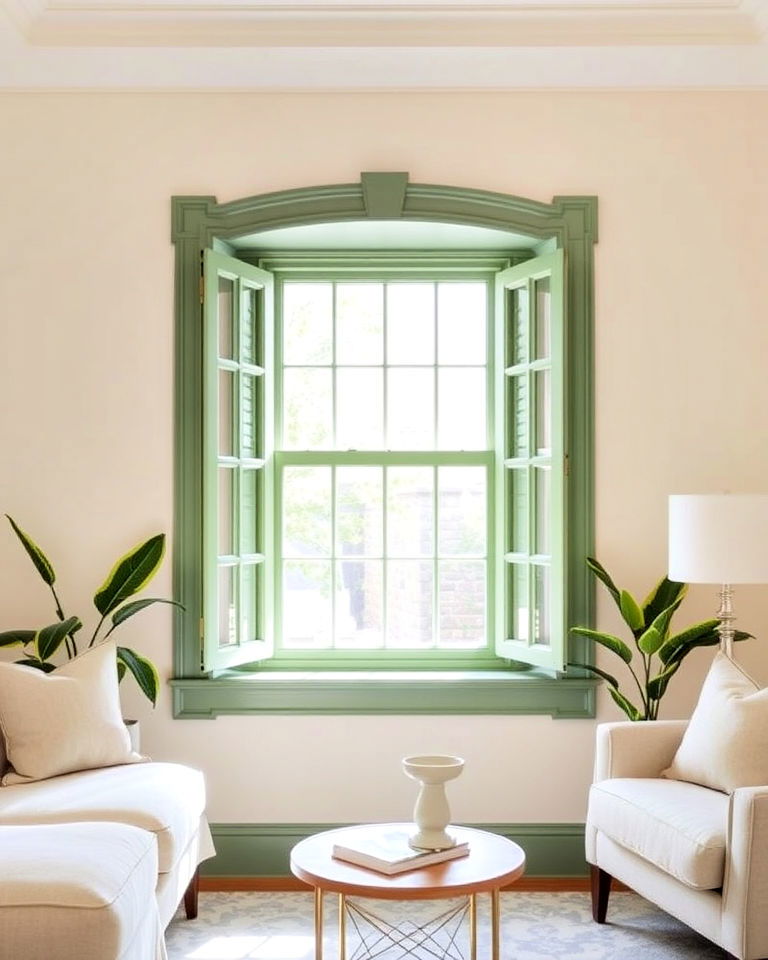 cream walls and sage green window frames - 25 Sage Green and Cream Living Room Ideas