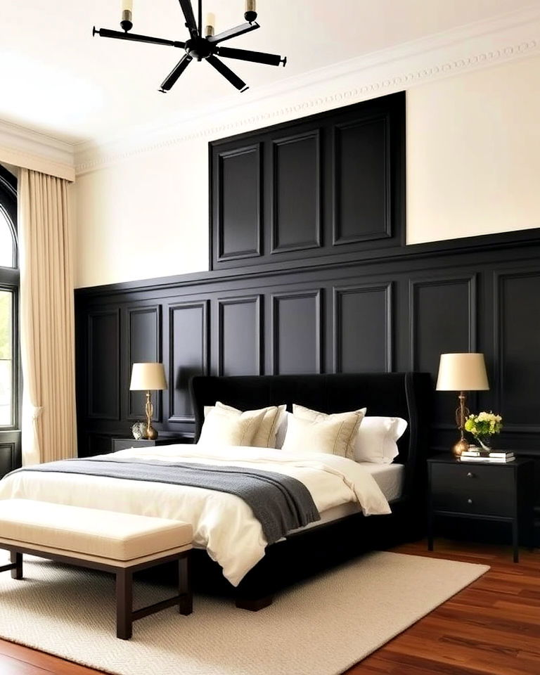 cream walls with black paneling - 35 Cream and Black Bedroom Ideas