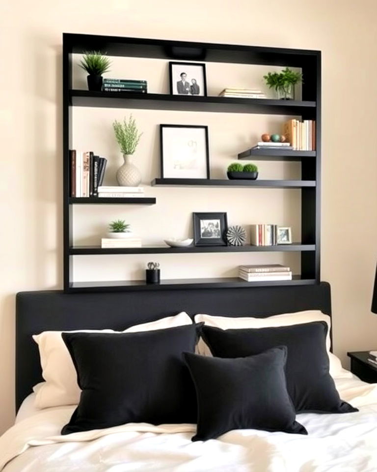 cream walls with black shelves - 35 Cream and Black Bedroom Ideas