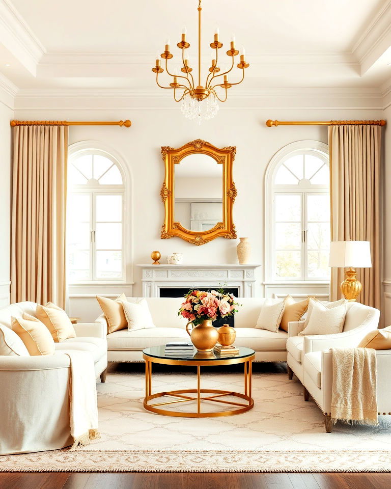 cream walls with gold accents for living room - 20 Cream and Gold Living Room Ideas
